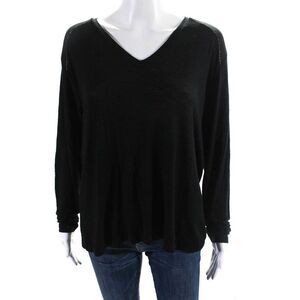529 Women's V-Neck Long Sleeves Casual Basic T-Shirt Black Size S